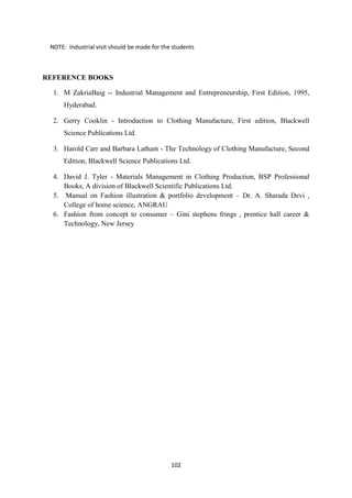 102
NOTE: Industrial visit should be made for the students
REFERENCE BOOKS
1. M ZakriaBaig -- Industrial Management and Entrepreneurship, First Edition, 1995,
Hyderabad.
2. Gerry Cooklin - Introduction to Clothing Manufacture, First edition, Blackwell
Science Publications Ltd.
3. Harold Carr and Barbara Latham - The Technology of Clothing Manufacture, Second
Edition, Blackwell Science Publications Ltd.
4. David J. Tyler - Materials Management in Clothing Production, BSP Professional
Books, A division of Blackwell Scientific Publications Ltd.
5. Manual on Fashion illustration & portfolio development – Dr. A. Sharada Devi ,
College of home science, ANGRAU
6. Fashion from concept to consumer – Gini stephens frings , prentice hall career &
Technology, New Jersey
 