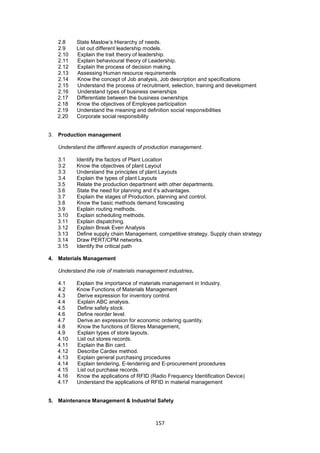157
2.8 State Maslow‘s Hierarchy of needs.
2.9 List out different leadership models.
2.10 Explain the trait theory of leadership.
2.11 Explain behavioural theory of Leadership.
2.12 Explain the process of decision making.
2.13 Assessing Human resource requirements
2.14 Know the concept of Job analysis, Job description and specifications
2.15 Understand the process of recruitment, selection, training and development
2.16 Understand types of business ownerships
2.17 Differentiate between the business ownerships
2.18 Know the objectives of Employee participation
2.19 Understand the meaning and definition social responsibilities
2.20 Corporate social responsibility
3. Production management
Understand the different aspects of production management.
3.1 Identify the factors of Plant Location
3.2 Know the objectives of plant Layout
3.3 Understand the principles of plant Layouts
3.4 Explain the types of plant Layouts
3.5 Relate the production department with other departments.
3.6 State the need for planning and it‘s advantages.
3.7 Explain the stages of Production, planning and control.
3.8 Know the basic methods demand forecasting
3.9 Explain routing methods.
3.10 Explain scheduling methods.
3.11 Explain dispatching.
3.12 Explain Break Even Analysis
3.13 Define supply chain Management, competitive strategy, Supply chain strategy
3.14 Draw PERT/CPM networks.
3.15 Identify the critical path
4. Materials Management
Understand the role of materials management industries.
4.1 Explain the importance of materials management in Industry.
4.2 Know Functions of Materials Management
4.3 Derive expression for inventory control.
4.4 Explain ABC analysis.
4.5 Define safety stock.
4.6 Define reorder level.
4.7 Derive an expression for economic ordering quantity.
4.8 Know the functions of Stores Management,
4.9 Explain types of store layouts.
4.10 List out stores records.
4.11 Explain the Bin card.
4.12 Describe Cardex method.
4.13 Explain general purchasing procedures
4.14 Explain tendering, E-tendering and E-procurement procedures
4.15 List out purchase records.
4.16 Know the applications of RFID (Radio Frequency Identification Device)
4.17 Understand the applications of RFID in material management
5. Maintenance Management & Industrial Safety
 
