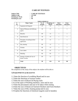 55
CARE OF TEXTILES
Subject Title : CARE OF TEXTILES
Subject Code : GT-105
Periods per Week : 03
Periods per year : 90
TIME SCHEDULE
S.
No
Major Topics No. of
periods
Weightage of
Marks
Short
Questions
Essay
Questions
1. Equipment & Reagents 15 13 1 1
2. Optical Whiteners & Stiffening
agents
10 13 1 1
3. Bleaches 09 13 1 1
4. Stain Removal 10 13 1 1
5. Principles of washing & their
application
09 13 1 1
6. Dry cleaning 08 13 1 1
7. Finishes 08 13 1 1
8. Care Labels 06 03 1 0
9. 9 Mending 06 03 1 0
10. Storage of clothes & Care of
Home Textiles
09 13 1 1
Total 90 110 10 08
OBJECTIVES
On completion of the study of the subject, the student will be able to
1.0 EQUIPMENTS & REAGENTS
1.1 State the function of scrubbing Board and its uses
1.2 State the functions of suction washer
1.3 State the uses of Dryers & Drying racks
1.4 List the types of Washing machines, irons and its uses
1.5 State the precautions and care to be taken while ironing
1.6 State the uses of Steam air Garment finishers and Form finishers
1.7 State the uses of Dry cleaning pump and its uses
1.8 Explain the functions of chemical reagents used in laundery
 