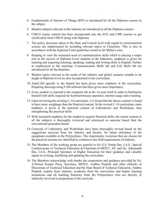 6
4. Fundamentals of Internet of Things (IOT) is introduced for all the Diploma courses in
the subject.
5. Modern subjects relevant to the industry are introduced in all the Diploma courses.
6. CISCO course content has been incorporated into the ECE and CME courses to get
certification from CISCO along with Diploma.
7. The policy decisions taken at the State and Central level with regard to environmental
science are implemented by including relevant topics in Chemistry. This is also in
accordance with the Supreme Court guidelines issued in Sri Mehta‘s case.
8. Keeping in view the increased need of communication skills which is playing a major
role in the success of Diploma Level students in the Industries, emphasis is given for
learning and acquiring listening, speaking, reading and writing skills in English. Further
as emphasized in the meetings, Communication Skills lab and Life Skills lab are
introduced for all the branches.
9. Modern topics relevant to the needs of the industry and global scenario suitable to be
taught at Diploma level are also incorporated in the curriculum.
10. AutoCAD specific to the branch has been given more emphasis in the curriculum.
Preparing drawings using CAD software has been given more importance.
11. Every student is exposed to the computer lab at the 1st year itself in order to familiarize
himself with skills required for keyboard/mouse operation, internet usage and e-mailing.
12. Upon reviewing the existing C-14 curriculum, it is found that the theory content is found
to have more weightage than the Practical content. In the revised C-16 curriculum, more
emphasis is given to the practical content of Laboratories and Workshops, thus
strengthening the practical skills.
13. With increased emphasis for the student to acquire Practical skills, the course content in
all the subjects is thoroughly reviewed and structured as outcome based than the
conventional procedure based.
14. Curricula of Laboratory and Workshops have been thoroughly revised based on the
suggestions received from the industry and faculty, for better utilization of the
equipment available at the Polytechnics. The experiments /exercises that are chosen for
the practical sessions are identified to conform to the field requirements of industry.
15. The Members of the working group are grateful to Sri G.S. Panda Das, I.A.S., Special
Commissioner of Technical Education & Chairman of SBTET, AP. and Sri. Adityanath
Das, I.A.S., Principal Secretary of Higher Education for their guidance and valuable
inputs in revising, modifying and updating the curriculum.
16. The Members acknowledge with thanks the cooperation and guidance provided by Sri.
A.Nirmal Kumar Priya, Secretary, SBTET, Andhra Pradesh and other officials of
Directorate of Technical Education and the State Board of Technical Education, Andhra
Pradesh, experts from industry, academia from the universities and higher learning
institutions and all teaching fraternity from the Polytechnics who are directly or
indirectly involved in preparation of the curricula.
 