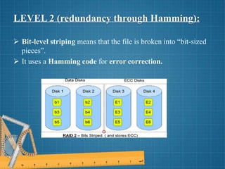 LEVEL 2 (redundancy through Hamming):
 Bit-level striping means that the file is broken into “bit-sized
pieces”.
 It uses a Hamming code for error correction.
 