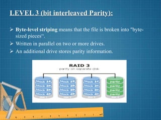 LEVEL 3 (bit interleaved Parity):
 Byte-level striping means that the file is broken into "byte-
sized pieces“.
 Written in parallel on two or more drives.
 An additional drive stores parity information.
 