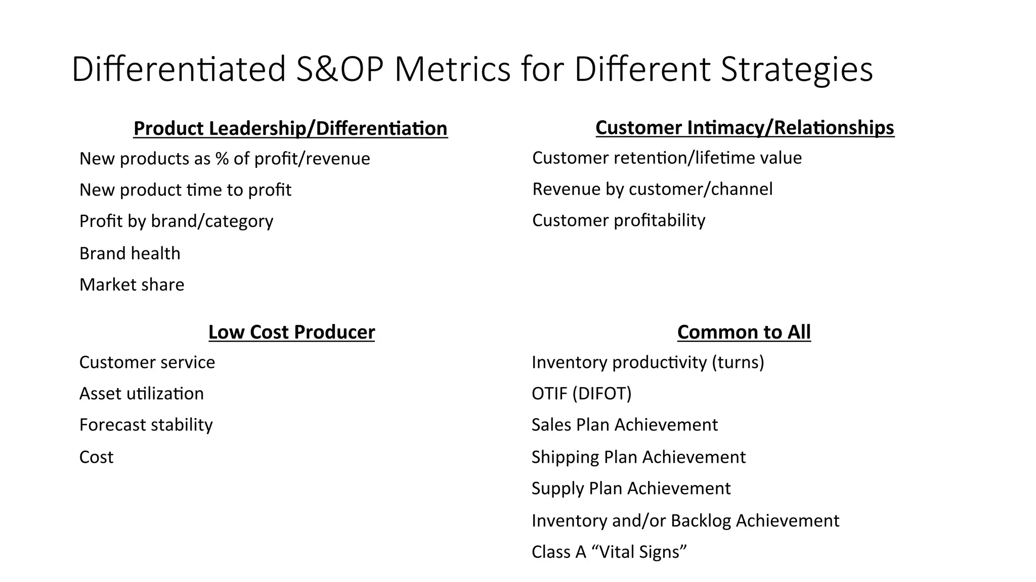 Diﬀeren/ated S&OP Metrics for Diﬀerent Strategies
Product	Leadership/DiﬀerenFaFon	
New	products	as	%	of	proﬁt/revenue	
New	product	'me	to	proﬁt	
Proﬁt	by	brand/category	
Brand	health	
Market	share	
Customer	InFmacy/RelaFonships	
Customer	reten'on/life'me	value	
Revenue	by	customer/channel	
Customer	proﬁtability	
Low	Cost	Producer	
Customer	service	
Asset	u'liza'on	
Forecast	stability	
Cost	
Common	to	All	
Inventory	produc'vity	(turns)	
OTIF	(DIFOT)	
Sales	Plan	Achievement	
Shipping	Plan	Achievement	
Supply	Plan	Achievement	
Inventory	and/or	Backlog	Achievement	
Class	A	“Vital	Signs”		
 