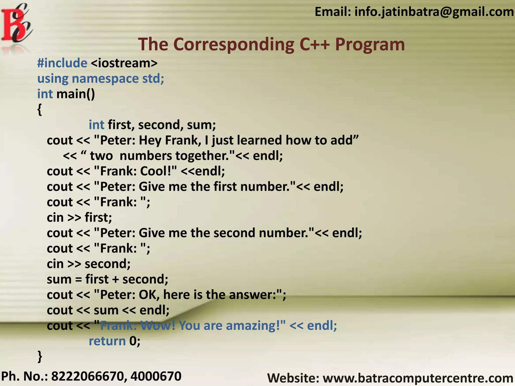 Website: www.batracomputercentre.comPh. No.: 8222066670, 4000670
Email: info.jatinbatra@gmail.com
The Corresponding C++ Program
#include <iostream>
using namespace std;
int main()
{
int first, second, sum;
cout << "Peter: Hey Frank, I just learned how to add”
<< “ two numbers together."<< endl;
cout << "Frank: Cool!" <<endl;
cout << "Peter: Give me the first number."<< endl;
cout << "Frank: ";
cin >> first;
cout << "Peter: Give me the second number."<< endl;
cout << "Frank: ";
cin >> second;
sum = first + second;
cout << "Peter: OK, here is the answer:";
cout << sum << endl;
cout << "Frank: Wow! You are amazing!" << endl;
return 0;
}
 
