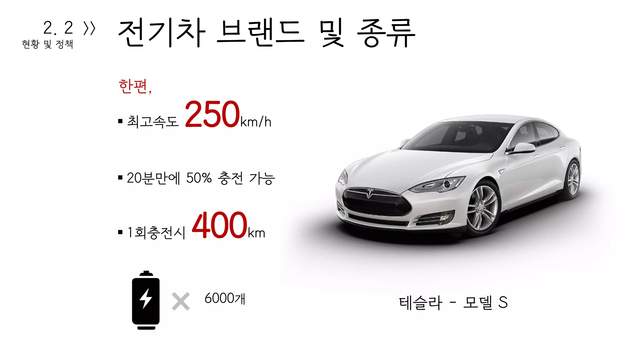전기차 브랜드 및 종류2. 2
현황 및 정책
>>
한편,
 최고속도 250km/h
 20분만에 50% 충전 가능
 1회충전시 400km
테슬라 – 모델 S6000개
 