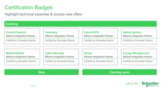 Page 12
Certification Badges
Highlight technical expertise & access new offers
Existing
Control System
Alliance Integration Partner
Certified by Schneider Electric
Safety System
Alliance Integration Partner
Certified by Schneider Electric
Telemetry
Alliance Integration Partner
Certified by Schneider Electric
Hybrid DCS
Alliance Integration Partner
Certified by Schneider Electric
Modernization
Alliance Integration Partner
Certified by Schneider Electric
Cyber Security
Alliance Integration Partner
Certified by Schneider Electric
Drives
Alliance Integration Partner
Certified by Schneider Electric
Energy Management
Alliance Integration Partner
Certified by Schneider Electric
New Coming soon
 