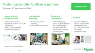 Page 18
Modernization offer for Alliance partners
Premium & Quantum to M580
*free access to Certified Alliance partners
• Software conversion
• Hardware analysis and BOM
generation*
• Quick Wiring Adapters
• Conversion services
• IB tracking and site
targeting
• Joint opportunity pursuit
• Dedicated training
course on both Modicon
and Telemecanique
modernization offer
• A certification path for
your engineers
• Dedicated SAE or a
service engineers for
pre-sales support
• L2 support centre for
post sales.
• Knowledge base
Legacy to M580
conversion offer
Joint Action
Planning
Training &
Certification
Support
Available now!
 
