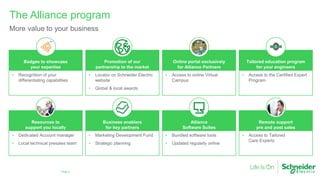 Page 6
The Alliance program
More value to your business
Badges to showcase
your expertise
• Recognition of your
differentiating capabilities
Promotion of our
partnership to the market
• Locator on Schneider Electric
website
• Global & local awards
Online portal exclusively
for Alliance Partners
• Access to online Virtual
Campus
Tailored education program
for your engineers
• Access to the Certified Expert
Program
Resources to
support you locally
• Dedicated Account manager
• Local technical presales team
Business enablers
for key partners
• Marketing Development Fund
• Strategic planning
Alliance
Software Suites
• Bundled software tools
• Updated regularly online
Remote support
pre and post sales
• Access to Tailored
Care Experts
 