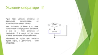 Условни оператори if
Чрез този условен оператор се
реализира разклоняващ се
изчислителен процес от вид.
Ако указаното условие е в сила,
изпълняват се определени действия,
а ако не – тези действия се
прескачат. И в двата случая след
това се изпълняват общи действия.
Условието се задава чрез някакъв
булев израз, а действията – чрез
оператор.
 