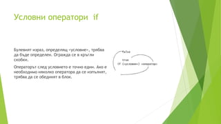 Условни оператори if
Булевият израз, определящ <условие>, трябва
да бъде определен. Огражда се в кръгли
скобки.
Операторът след условието е точно един. Ако е
необходимо няколко оператора да се изпълнят,
трябва да се обединят в блок.
 