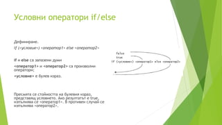 Условни оператори if/else
Дефиниране.
if (<условие>) <оператор1> else <оператор2>
if и else са запазени думи
<оператор1> и <оператор2> са произволни
оператори;
<условие> е булев израз.
Пресмята се стойността на булевия израз,
представящ условието. Ако резултатът е true,
изпълнява се <оператор1>. В противен случай се
изпълнява <оператор2>.
 