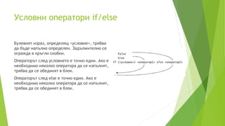 Условни оператори if/else
Булевият израз, определящ <условие>, трябва
да бъде напълно определен. Задължително се
огражда в кръгли скобки.
Операторът след условието е точно един. Ако е
необходимо няколко оператора да се изпълнят,
трябва да се обединят в блок.
Операторът след else е точно един. Ако е
необходимо няколко оператора да се изпълнят,
трябва да се обединят в блок.
 