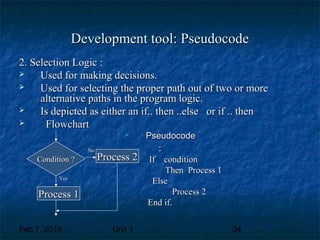 Feb 7, 2018 Unit 1 34
Development tool: PseudocodeDevelopment tool: Pseudocode
2. Selection Logic :2. Selection Logic :
 Used for making decisions.Used for making decisions.
 Used for selecting the proper path out of two or moreUsed for selecting the proper path out of two or more
alternative paths in the program logic.alternative paths in the program logic.
 Is depicted as either an if.. then ..else or if .. thenIs depicted as either an if.. then ..else or if .. then
 FlowchartFlowchart
 PseudocodePseudocode
::
If conditionIf condition
Then Process 1Then Process 1
ElseElse
Process 2Process 2
End if.End if.
Process 1Process 1
Process 2Process 2Condition ?Condition ?
NoNo
YesYes
 