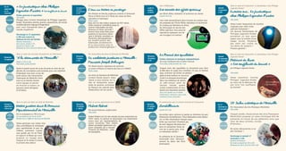 Dans le cadre du Salon du Goût de Méréville
Visites guidées dans le Domaine
Départemental de Méréville
Par la compagnie Le TIR et la Lyre
Sur inscription au 01 64 95 18 00
Rendez-vous à l’ofﬁce du tourisme de Méréville
Venez participer aux visites inso-
lites, scientiﬁques et artistiques
pour appréhender le parc du
château autrement. Laissez
vous guider par Iris de Pistil
et Capucin le Blaze qui vous
propose un voyage dans
l’espace et le temps à travers
le prisme des odeurs.
« Le fantastique chez Philippe
Legendre-Kvater » Les soufflants du bonnet
Huiles, gravures et aquarelles
Tout public
Plongez dans l’univers fantastique de Philippe Legendre-
Kvater. Illustrateur, peintre, graveur, aquarelliste, cet artiste
multidisciplinaire regorge d’imagination
pour vous transporter dans un
monde stupéfiant.
Vernissage le 22 septembre
à 18h avec concert et
dédicace du livre de l’artiste
Horaires d’ouverture :
Mercredi de 13h30 à 17h
Samedi de 14h30 à 18h
Dimanche de 11h à 13h et de 14h30 à 18h
Entrée
libre
du 15
septembre
au 10
novembre
Exposition
Philippe Legendr
e-Kvater©StudioDéclic
© TIR et la
Lyre
Dans le cadre des Journées Européennes du Patrimoine
“A la découverte de Méréville”
Départ à 14h et 16h
Tout public, public familial
Après le grand succès de ce jeu de piste au mois de mai
dernier, les inscriptions sont ouvertes pour une réédition.
Embarquez-vous pour un jeu de
piste autour des monuments
historiques de Méréville. Entre
amis ou en famille, formez
votre équipe et partez
en mission à travers un
parcours semé d'énigmes
et d’indices.
Gratuit sur
inscription
dimanche
16 septembre
Jeu
de piste
5€ - 2,50€*
Samedi 22
septembre à
14h et 16h
Visites
théâtrales
et
olfactives
En partenariat avec UTL-Essonne
L'eau un trésor en partage
Par Ghislain de Marsily, professeur émérite à l’Université
Pierre et Marie Curie et à l’Ecole des mines de Paris,
spécialisé en hydrologie
Public adulte
L’eau est l’un des enjeux majeurs du XXIe
siècle.
Cette ressource considérée jusqu’ici
comme inépuisable, est-elle
devenue un trésor convoité ?
Aurons-nous assez d’eau pour
produire la nourriture néces-
saire à l’échelle mondiale, vu
l’évolution démographique,
les modifications des
habitudes alimentaires
et la concurrence avec la
production bioénergétique ?
Entrée libre
25 septembre
à 14h et
30 septembre
à 16h
Vidéo
conférence
Entrée libre
dimanche
7octobre
à 15h
Conférence
Par l’association des Amis du Domaine de Méréville
Un architecte-jardinier à Méréville :
François-Joseph Bélanger
Par Nicole Gouiric, ingénieure de recherche
au Centre d’Histoire et théorie des Arts et à l’EHESS
Public adulte
Les Amis du Domaine de Méréville
invitent Nicole Gouiric, histo-
rienne, à nous éclairer sur le
rôle et l’empreinte essen-
tielle du premier architecte
du Marquis de Laborde dans
l’élaboration de son jardin.
Avec le service patrimoine de la CAESE
Hubert Robert
Par Annick Delorme, conférencière
Tout public
Hubert Robert est l’un des artistes les plus importants du
XVIIIe
siècle. Ce peintre et dessinateur est notamment
connu pour ses représentations de
ruines anciennes. Mais Hubert
Robert possédait également une
autre casquette qui a marqué
l’histoire de Méréville : celle
de paysagiste.
Tarif
unique :
2,50€
dimanche
14 octobre
à 10h30
Conférence
Avec CINEtampes
Les secrets des effets spéciaux
par Olivier Billet, réalisateur et technicien du cinéma
A partir de 8 ans
Une visite extraordinaire dans l’univers du cinéma vous
est proposée par Olivier Billet, réalisateur et technicien
du cinéma, qui dévoilera en direct
les techniques et secrets des
effets spéciaux. Vous pourrez
reproduire quelques-uns de
ces trucages à la maison.
Gratuit sur
inscription
Lundi 22
octobre
à 14h30
Atelier-
conférence
5€ - 2,50€*
dimanche
28 octobre
à 15h
Contes
chansons
Le Piment des squelettes
Contes, chansons et musiques ostéopathiques
de et par Guillaume Alix et Stève Thoraud
Tout public, public familial dès 7 ans
Chaque mois, des squelettes se réunissent pour faire
la fête dans la crypte d’un cimetière. Un soir, un homme
aigri, ruminant ses échecs et pestant
après la terre entière,se retrouve
invité à ce banquet excentrique.
Dans une ambiance de saloon,
ce café-concert plein de
calcium revisite quatre
contes traditionnels et leur
donne une résonance actuelle.
Suivi d’un goûter sur le thème
d’Halloween. Attention, dress code
halloweenesque demandé!
Dans le cadre de l’exposition "Le fantastique chez Philippe
Legendre-Kvater"
Lumière sur... Le fantastique
chez Philippe Legendre-Kvater
Tout public
Venez visiter l’exposition de manière
originale avec cette visite
spéciale Halloween !
Les œuvres fantastiques de
Philippe Legendre-Kvater
prendront un tout autre
aspect sous la lumière d’une
lampe torche. N’oubliez
pas votre nez crochu ou
vos dents de vampire !
Frissons garantis !
Gratuit sur
inscription
Samedi
3 novembre
à 18h
Visite
guidée
Dans le cadre de l’exposition "Le fantastique chez Philippe
Legendre-Kvater"
Dédicace du livre
« Les soufflants du bonnet »
par Philippe Legendre-Kvater
Tout public
Venez rencontrer l’artiste
Philippe Legendre-Kvater
au cours de la dédicace de
son livre “Les soufflants
du bonnet”.
28e
Salon artistique de Méréville
Par l'Association des Arts Plastiques Mérévillois
Tout public
Chaque année, l’Association des Arts Plastiques
Mérévillois propose un salon artistique afin de
présenter le travail de ses adhérents ainsi que
celui de deux artistes, invités
d’honneur…
De jolies découvertes à ne
pas manquer !
Vernissage le samedi 17
novembre à 18h
Horaires d'ouverture :
Du lundi au samedi de 15h à 18h
Dimanche de 10h à 13h et de 14h à 18h
Entrée libre
Samedi
10 novembre
de 15h à 18h
Dédicace
Entrée libre
du 17
novembre au
25 novembre
Exposition
En partenariat avec le cinéma itinérant de Cinessonne
Zombillénium
A partir de 6 ans
Accrochez votre ceinture et partez en direction du parc
d’attraction Zombillénium ! Pour Halloween,venez décou-
vrir ce ﬁlm d’animation français aussi
drôle que touchant. N’oubliez pas
de venir déguisé.Monstres,bon-
bons et sensations fortes se-
ront de la partie pour vivre
un Halloween d’enfer !
En présence de la Caravane
ensorcelée pour découvrir
l’envers du décor des ﬁlms
d’animation.
Gratuit sur
inscription
Mercredi
31 octobre
à 14h30
Cinéma
©
Patr
iceGaget
©
Cie
Commediamuse
©
AP
M
 