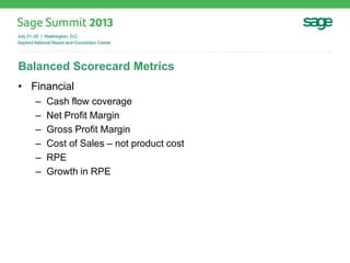 Balanced Scorecard Metrics
• Financial
– Cash flow coverage
– Net Profit Margin
– Gross Profit Margin
– Cost of Sales – not product cost
– RPE
– Growth in RPE
 
