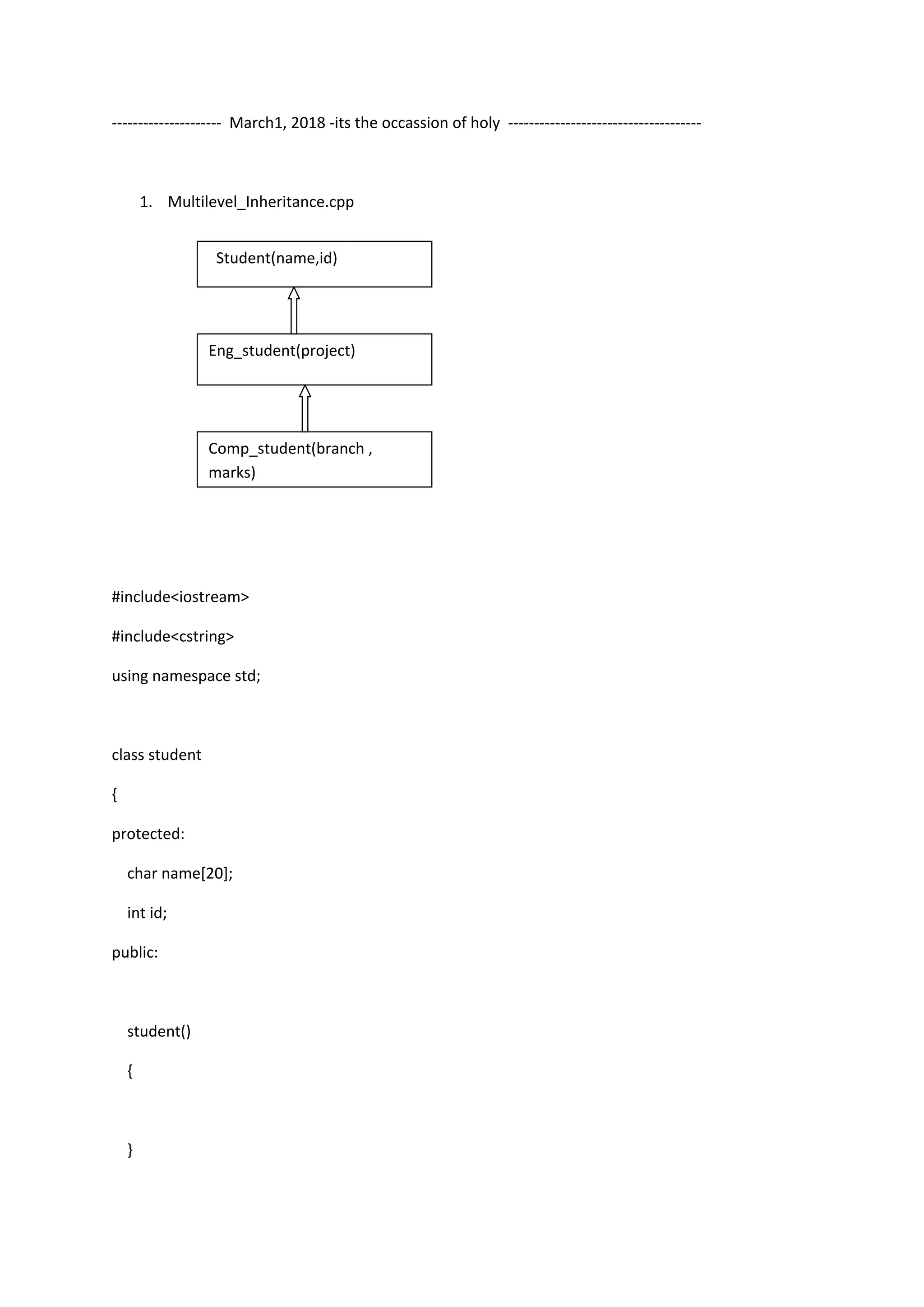 --------------------- March1, 2018 -its the occassion of holy -------------------------------------
1. Multilevel_Inheritance.cpp
#include<iostream>
#include<cstring>
using namespace std;
class student
{
protected:
char name[20];
int id;
public:
student()
{
}
Student(name,id)
Eng_student(project)
Comp_student(branch ,
marks)
 