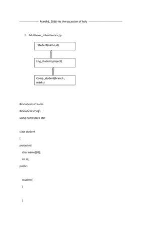 --------------------- March1, 2018 -its the occassion of holy -------------------------------------
1. Multilevel_Inheritance.cpp
#include<iostream>
#include<cstring>
using namespace std;
class student
{
protected:
char name[20];
int id;
public:
student()
{
}
Student(name,id)
Eng_student(project)
Comp_student(branch ,
marks)
 