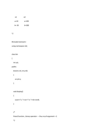 o1 o2
a=10 a=100
b= 20 b=200
*/
#include<iostream>
using namespace std;
class bin
{
int a,b;
public:
bin(int x=0, int y=0)
{
a=x,b=y;
}
void display()
{
cout<<"a :"<<a<<" b :"<<b<<endl;
}
/*
friend function , binary operator --- thus no.of argument = 2
*/
 