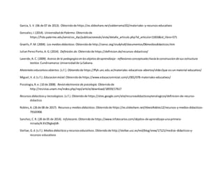 Garcia, S. V.(06 de 07 de 2013). Obtenidode https://es.slideshare.net/valderrama332/materiales-y-recursos-educativos
Gonzalez,I.(2014). UniversidaddePalermo.Obtenidode
https://fido.palermo.edu/servicios_dyc/publicacionesdc/vista/detalle_articulo.php?id_articulo=11816&id_libro=571
Graells,P.M. (2004). Los mediosdidacticos.Obtenidode http://censc.org/studyhall/documentos/06mediosdidacticos.htm
JulianPerezPorto, A.G.(2014). Definición.de.Obtenidode https://definicion.de/recursos-didacticos/
Laverde,A.C. (2009). Acerca de lo pedagogico enlosobjetosdeaprendizaje - reflexionesconceptualeshacialaconstrucciondesus estructura
teotica. Cundinamarca:Universidadde LaSabana.
Materialeseducativosabiertos.(s.f.).Obtenidode https://ffyh.unc.edu.ar/materiales-educativos-abiertos/slider/que-es-un-material-educativo/
Miguel,V.d.(s.f.). Educacioninicial.Obtenidode https://www.educacioninicial.com/c/001/078-materiales-educativos/
Psicologia,R.e.(10 de 2008). Revistelectronica de psicologia. Obtenidode
http://revistas.unam.mx/index.php/repi/article/download/18559/17617
Recursosdidacticosy tecnologicos.(s.f.).Obtenidode https://sites.google.com/site/recursosdidacticosytenologicos/definicion-de-recurso-
didactico
Robles,A.(26 de 08 de 2017). Recursosy mediosdidacticos.Obtenidode https://es.slideshare.net/AlexisRobles12/recursos-y-medios-didacticos-
79165906
Sanchez,C.R. (28 de 05 de 2014). Infotecario.Obtenidode https://www.infotecarios.com/objetos-de-aprendizaje-una-primera-
mirada/#.XVZNgkejldh
Stellae,G.d.(s.f.). Mediosdidacticosy recursoseducativos.Obtenidode http://stellae.usc.es/red/blog/view/17121/medios-didacticos-y-
recursos-educativos
 