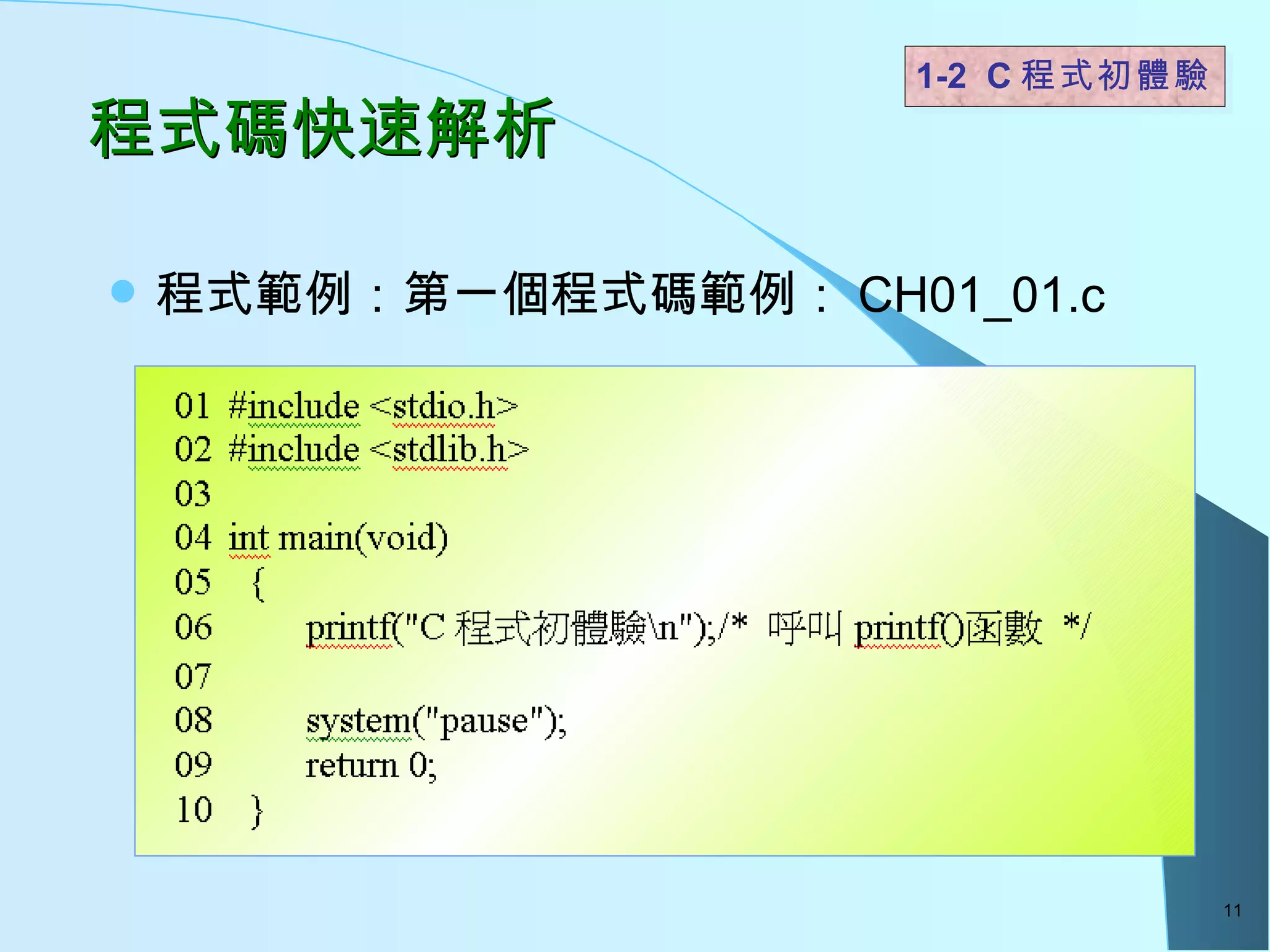 程式碼快速解析 程式範例：第一個程式碼範例： CH01_01.c 1-2  C 程式初體驗  