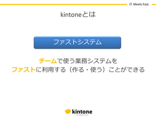 IT. Meets Fast.

kintoneとは

フゔストシステム
チームで使う業務システムを
ファストに利用する（作る・使う）ことができる

 