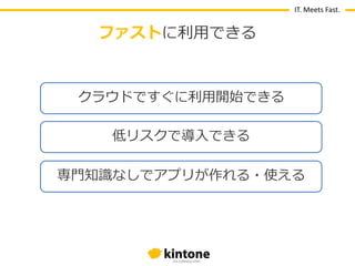 IT. Meets Fast.

ファストに利用できる

クラウドですぐに利用開始できる
低リスクで導入できる
専門知識なしでゕプリが作れる・使える

 