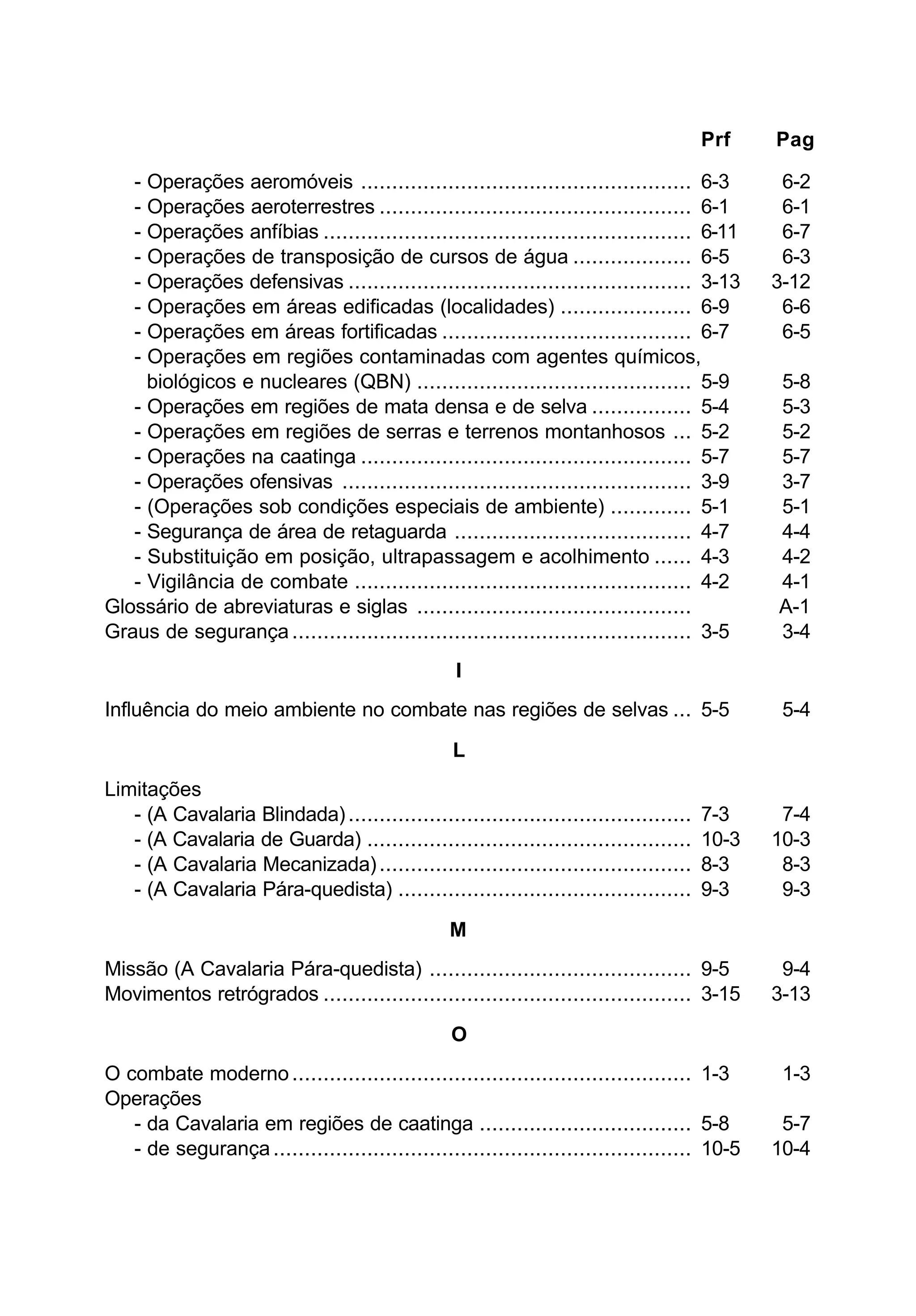 Prf Pag 
- Operações aeromóveis ..................................................... 6-3 6-2 
- Operações aeroterrestres .................................................. 6-1 6-1 
- Operações anfíbias ........................................................... 6-11 6-7 
- Operações de transposição de cursos de água ................... 6-5 6-3 
- Operações defensivas ....................................................... 3-13 3-12 
- Operações em áreas edificadas (localidades) ..................... 6-9 6-6 
- Operações em áreas fortificadas ........................................ 6-7 6-5 
- Operações em regiões contaminadas com agentes químicos, 
biológicos e nucleares (QBN) ............................................ 5-9 5-8 
- Operações em regiões de mata densa e de selva ................ 5-4 5-3 
- Operações em regiões de serras e terrenos montanhosos ... 5-2 5-2 
- Operações na caatinga ..................................................... 5-7 5-7 
- Operações ofensivas ........................................................ 3-9 3-7 
- (Operações sob condições especiais de ambiente) ............. 5-1 5-1 
- Segurança de área de retaguarda ...................................... 4-7 4-4 
- Substituição em posição, ultrapassagem e acolhimento ...... 4-3 4-2 
- Vigilância de combate ...................................................... 4-2 4-1 
Glossário de abreviaturas e siglas ............................................ A-1 
Graus de segurança ................................................................ 3-5 3-4 
I 
Influência do meio ambiente no combate nas regiões de selvas ... 5-5 5-4 
L 
Limitações 
- (A Cavalaria Blindada) ....................................................... 7-3 7-4 
- (A Cavalaria de Guarda) .................................................... 10-3 10-3 
- (A Cavalaria Mecanizada) .................................................. 8-3 8-3 
- (A Cavalaria Pára-quedista) ............................................... 9-3 9-3 
M 
Missão (A Cavalaria Pára-quedista) .......................................... 9-5 9-4 
Movimentos retrógrados ........................................................... 3-15 3-13 
O 
O combate moderno ................................................................ 1-3 1-3 
Operações 
- da Cavalaria em regiões de caatinga .................................. 5-8 5-7 
- de segurança ................................................................... 10-5 10-4 
 