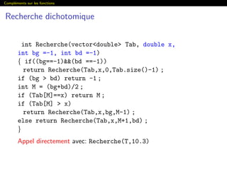 Compl´ements sur les fonctions
Recherche dichotomique
int Recherche(vectordouble Tab, double x,
int bg =-1, int bd =-1)
{ if((bg==-1)(bd ==-1))
return Recherche(Tab,x,0,Tab.size()-1) ;
if (bg  bd) return -1 ;
int M = (bg+bd)/2 ;
if (Tab[M]==x) return M ;
if (Tab[M]  x)
return Recherche(Tab,x,bg,M-1) ;
else return Recherche(Tab,x,M+1,bd) ;
}
Appel directement avec: Recherche(T,10.3)
 