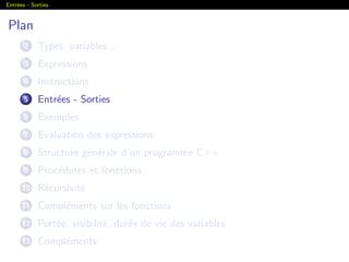 Entr´ees - Sorties
Plan
2 Types, variables...
3 Expressions
4 Instructions
5 Entr´ees - Sorties
6 Exemples
7 Evaluation des expressions
8 Structure g´en´erale d’un programme C++
9 Proc´edures et fonctions
10 R´ecursivit´e
11 Compl´ements sur les fonctions
12 Port´ee, visibilit´e, dur´ee de vie des variables
13 Compl´ements
 