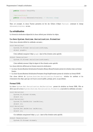 Programmation C sharp/La sérialisation 120
public double TotalTTC;
[OptionalField]
public string AdresseLivraison; // Nouveau champ
}
Dans cet exemple, la classe Facture permettra de lire des fichiers d'objets Facture contenant le champ
AdresseLivraison ou non.
La sérialisation
Le format de sérialisation dépend de la classe utilisée pour sérialiser les objets.
La classe System.Runtime.Serialization.Formatter
Cette classe abstraite définit les méthodes suivantes :
void Serialize(
System.IO.Stream serializationStream,
object graph);
Cette méthode enregistre l'objet graph dans le flux d'entrée-sortie spécifié.
object Deserialize(
System.IO.Stream serializationStream);
Cette méthode retourne l'objet lu depuis le flux d'entrée-sortie spécifié.
Les classes dérivées définissent un format concret de sérialisation :
• La classe System.Runtime.Serialization.Formatters.Binary.BinaryFormatter permet de sérialiser dans un format
binaire,
• La classe System.Runtime.Serialization.Formatters.Soap.SoapFormatter permet de sérialiser au format SOAP.
Une classe dérivée de System.Runtime.Serialization.Formatter sérialise les attributs et les
évènements d'un objet, quel que soit l'accès associé (public, protégé, privé, ou par défaut).
Format XML
La classe System.Xml.Serialization.XmlSerializer permet de sérialiser au format XML. Elle ne
dérive pas de la classe System.Runtime.Serialization.Formatter, et possède les méthodes suivantes :
void Serialize(
System.IO.Stream stream,
object o);
void Serialize(
System.IO.TextWriter textWriter,
object o);
void Serialize(
System.Xml.XmlWriter xmlWriter,
object o);
Ces méthodes enregistrent l'objet graph dans le flux d'entrée-sortie spécifié.
object Deserialize(
System.IO.Stream stream);
 