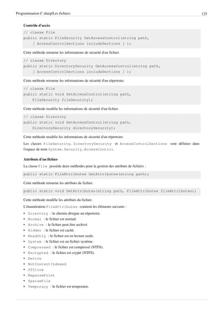 Programmation C sharp/Les fichiers 125
Contrôle d'accès
// classe File
public static FileSecurity GetAccessControl(string path,
[ AccessControlSections includeSections ] );
Cette méthode retourne les informations de sécurité d'un fichier.
// classe Directory
public static DirectorySecurity GetAccessControl(string path,
[ AccessControlSections includeSections ] );
Cette méthode retourne les informations de sécurité d'un répertoire.
// classe File
public static void SetAccessControl(string path,
FileSecurity fileSecurity);
Cette méthode modifie les informations de sécurité d'un fichier.
// classe Directory
public static void SetAccessControl(string path,
DirectorySecurity directorySecurity);
Cette méthode modifie les informations de sécurité d'un répertoire.
Les classes FileSecurity, DirectorySecurity et AccessControlSections sont définies dans
l'espace de nom System.Security.AccessControl.
Attributs d'un fichier
La classe File possède deux méthodes pour la gestion des attributs de fichiers :
public static FileAttributes GetAttributes(string path);
Cette méthode retourne les attributs du fichier.
public static void SetAttributes(string path, FileAttributes fileAttributes);
Cette méthode modifie les attributs du fichier.
L'énumération FileAttributes contient les éléments suivants :
• Directory : le chemin désigne un répertoire.
• Normal : le fichier est normal.
• Archive : le fichier peut être archivé.
• Hidden : le fichier est caché.
• ReadOnly : le fichier est en lecture seule.
• System : le fichier est un fichier système.
• Compressed : le fichier est compressé (NTFS).
• Encrypted : le fichier est crypté (NTFS).
• Device
• NotContentIndexed
• Offline
• ReparsePoint
• SparseFile
• Temporary : le fichier est temporaire.
 