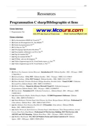 132
Ressources
Programmation C sharp/Bibliographie et liens
Liens internes
• Programmation .Net
Liens externes
• (fr) La documentation MSDN de Visual C#
[1]
• (fr) Centre de Développement C# - Site MSDN
[2]
• (fr) Guide de programmation C#
[3]
• (fr) Un blog sur .Net
[4]
• (en) C# Language Specification 4th edition
[5]
• (en) Encyclopédie collaborative sur C# et .Net
[6]
• (en) Page du standard ISO
[7]
• (en) Page du standard ECMA
[8]
• (en) C# Help : aide aux développeurs
[9]
• (en) Vidéos d'apprentissage de C#, Visual Studio express, et .Net
[10]
• (en) Vidéos d'apprentissage de C#, Visual Studio, et .Net
[11]
Livres
• (fr) Pierre-Yves Saumont, Antoine Mirecourt - Introduction à C# - Éditions Eyrolles - 2001 - 292 pages - ISBN
2-7464-0301-3
• (fr) Gérard Leblanc - C# et .NET - Éditions Eyrolles - 2002 - 710 pages - ISBN 2-212-11066-9
• (fr) Gérard Leblanc - C# et .NET Version 2 - Éditions Eyrolles - 2006 - ISBN 2-212-11778-7
• (fr) Donis Marshall, Christine Eberhardt, Philippe Beaudran, Dorothée Sittler - Visual C# 2005 - Collection
Microsoft Press, Éditions Dunod - 2006 - ISBN 2-10-049942-4
• (fr) Mickey Williams - Manuel de référence Microsoft Visual C# - Collection Langages et
Programmation, Éditions Dunod - 2002 - 784 pages - ISBN 2-10-006659-5
• (fr) Tom Archer - Formation à C# - Collection Formation à..., Éditions Dunod - 2001 - 400 pages - ISBN
2-84082-864-2
• (en) Adrian Kingsley-Hughes, Kathie Kingsley-Hughes - C# 2005 Programmer's Reference - Éditions
Wrox - 2006 - ISBN 0-470-04641-4
• (en) Simon Robinson, Christian Nagel, Karli Watson, Jay Glynn, Morgan Skinner, Bill Evjen - Professional C# 
(3ème édition) - Éditions Wrox - 2004 - ISBN 0-7645-5759-9
• (en) Ben Albahari, Peter Drayton, Brad Merrill - C# Essentials  (2ème édition) - Éditions O'Reilly
Media - 2002 - ISBN 0-5960-0315-3
• (en) Andrew Krowczyk, Zach Greenvoss, Christian Nagel, Ashish Banerjee, Thiru Thangarathinam, Aravind
Corera, Chris Peiris, Brad Maiani - Professional C# Web Services: Building .NET Web Services with
ASP.NET and .NET Remoting - Éditions Wrox Press - 2001 - 550 pages - ISBN 1-8610-0439-7
• (en) Matthew MacDonald - Pro .NET 2.0 Windows Forms and Custom Controls in C# - Éditions
Apress - 2005 - 1080 pages - ISBN 1-59059-439-8
 