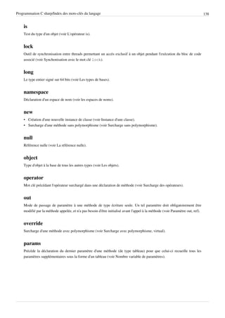 Programmation C sharp/Index des mots-clés du langage 138
is
Test du type d'un objet (voir L'opérateur is).
lock
Outil de synchronisation entre threads permettant un accès exclusif à un objet pendant l'exécution du bloc de code
associé (voir Synchonisation avec le mot clé lock).
long
Le type entier signé sur 64 bits (voir Les types de bases).
namespace
Déclaration d'un espace de nom (voir les espaces de noms).
new
• Création d'une nouvelle instance de classe (voir Instance d'une classe).
• Surcharge d'une méthode sans polymorphisme (voir Surcharge sans polymorphisme).
null
Référence nulle (voir La référence nulle).
object
Type d'objet à la base de tous les autres types (voir Les objets).
operator
Mot clé précédant l'opérateur surchargé dans une déclaration de méthode (voir Surcharge des opérateurs).
out
Mode de passage de paramètre à une méthode de type écriture seule. Un tel paramètre doit obligatoirement être
modifié par la méthode appelée, et n'a pas besoin d'être initialisé avant l'appel à la méthode (voir Paramètre out, ref).
override
Surcharge d'une méthode avec polymorphisme (voir Surcharge avec polymorphisme, virtual).
params
Précède la déclaration du dernier paramètre d'une méthode (de type tableau) pour que celui-ci recueille tous les
paramètres supplémentaires sous la forme d'un tableau (voir Nombre variable de paramètres).
 