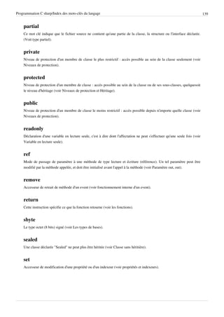 Programmation C sharp/Index des mots-clés du langage 139
partial
Ce mot clé indique que le fichier source ne contient qu'une partie de la classe, la structure ou l'interface déclarée.
(Voit type partiel).
private
Niveau de protection d'un membre de classe le plus restrictif : accès possible au sein de la classe seulement (voir
Niveaux de protection).
protected
Niveau de protection d'un membre de classe : accès possible au sein de la classe ou de ses sous-classes, quelquesoit
le niveau d'héritage (voir Niveaux de protection et Héritage).
public
Niveau de protection d'un membre de classe le moins restrictif : accès possible depuis n'importe quelle classe (voir
Niveaux de protection).
readonly
Déclaration d'une variable en lecture seule, c'est à dire dont l'affectation ne peut s'effectuer qu'une seule fois (voir
Variable en lecture seule).
ref
Mode de passage de paramètre à une méthode de type lecture et écriture (référence). Un tel paramètre peut être
modifié par la méthode appelée, et doit être initialisé avant l'appel à la méthode (voir Paramètre out, out).
remove
Accesseur de retrait de méthode d'un event (voir fonctionnement interne d'un event).
return
Cette instruction spécifie ce que la fonction retourne (voir les fonctions).
sbyte
Le type octet (8 bits) signé (voir Les types de bases).
sealed
Une classe déclarée "Sealed" ne peut plus être héritée (voir Classe sans héritière).
set
Accesseur de modification d'une propriété ou d'un indexeur (voir propriétés et indexeurs).
 