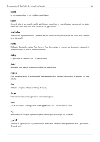 Programmation C sharp/Index des mots-clés du langage 140
short
Le type entier signé sur 16 bits (voir Les types de bases).
sizeof
Obtenir la taille du type ou de la variable spécifiée entre parenthèses. Le code utilisant cet opérateur doit être déclaré
comme non vérifié (voir Taille d'une variable ou d'un type, unsafe).
stackalloc
Allocation sur la pile au lieu du tas. Ce mot-clé doit être utilisé dans un contexte de code non vérifié (voir Allocation
sur la pile, unsafe).
static
Déclaration d'un membre statique d'une classe, ou d'une classe statique ne contenant que des membres statiques (voir
Membres statiques de classe et membres d'instance).
string
Le type chaîne de caractères (voir Les types de bases).
struct
Déclaration d'une nouvelle structure de données (voir les structures).
switch
Cette instruction permet de tester la valeur d'une expression avec plusieurs cas (voir tests de plusieurs cas, case,
default).
this
Référence à l'objet lui-même (voir héritage de classes).
throw
Cette instruction lance un exception (voir lancer une exception).
true
Vrai. L'une des deux valeurs possibles pour le type booléen (voir Les types de bases, false).
try
Début du bloc de code pour lequel les exceptions sont attrapées (voir attraper une exception).
typeof
Récupérer le type (System.Type) de la classe dont le nom est spécifié entre parenthèses (voir Types de base :
Obtenir le type).
 