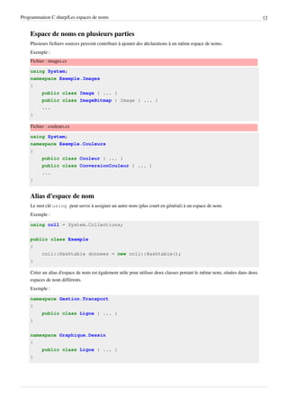 Programmation C sharp/Les espaces de noms 12
Espace de noms en plusieurs parties
Plusieurs fichiers sources peuvent contribuer à ajouter des déclarations à un même espace de noms.
Exemple :
Fichier : images.cs
using System;
namespace Exemple.Images
{
public class Image { ... }
public class ImageBitmap : Image { ... }
...
}
Fichier : couleurs.cs
using System;
namespace Exemple.Couleurs
{
public class Couleur { ... }
public class ConversionCouleur { ... }
...
}
Alias d'espace de nom
Le mot clé using peut servir à assigner un autre nom (plus court en général) à un espace de nom.
Exemple :
using coll = System.Collections;
public class Exemple
{
coll::Hashtable donnees = new coll::Hashtable();
}
Créer un alias d'espace de nom est également utile pour utiliser deux classes portant le même nom, situées dans deux
espaces de nom différents.
Exemple :
namespace Gestion.Transport
{
public class Ligne { ... }
}
namespace Graphique.Dessin
{
public class Ligne { ... }
}
 