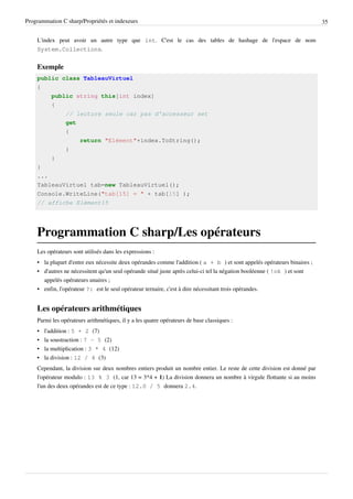 Programmation C sharp/Propriétés et indexeurs 35
L'index peut avoir un autre type que int. C'est le cas des tables de hashage de l'espace de nom
System.Collections.
Exemple
public class TableauVirtuel
{
public string this[int index]
{
// lecture seule car pas d'accesseur set
get
{
return "Elément"+index.ToString();
}
}
}
...
TableauVirtuel tab=new TableauVirtuel();
Console.WriteLine("tab[15] = " + tab[15] );
// affiche Elément15
Programmation C sharp/Les opérateurs
Les opérateurs sont utilisés dans les expressions :
• la plupart d'entre eux nécessite deux opérandes comme l'addition ( a + b ) et sont appelés opérateurs binaires ;
• d'autres ne nécessitent qu'un seul opérande situé juste après celui-ci tel la négation booléenne ( !ok ) et sont
appelés opérateurs unaires ;
• enfin, l'opérateur ?: est le seul opérateur ternaire, c'est à dire nécessitant trois opérandes.
Les opérateurs arithmétiques
Parmi les opérateurs arithmétiques, il y a les quatre opérateurs de base classiques :
• l'addition : 5 + 2 (7)
• la soustraction : 7 - 5 (2)
• la multiplication : 3 * 4 (12)
• la division : 12 / 4 (3)
Cependant, la division sur deux nombres entiers produit un nombre entier. Le reste de cette division est donné par
l'opérateur modulo : 13 % 3 (1, car 13 = 3*4 + 1) La division donnera un nombre à virgule flottante si au moins
l'un des deux opérandes est de ce type : 12.0 / 5 donnera 2.4.
 