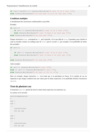 Programmation C sharp/Structures de contrôle 42
if ((a==10)&&(b==11)) Console.WriteLine("a vaut 10 et b vaut 11");
else Console.WriteLine("a ne vaut pas 10 ou b ne vaut pas 11");
Conditions multiples
L'enchaînement des instructions conditionnelles est possible.
Exemple :
if (a==10)
if (b==11) Console.WriteLine("a vaut 10 et b vaut 11");
else Console.WriteLine("a vaut 10 mais b ne vaut pas 11");
else Console.WriteLine("a ne vaut pas 10");
Chaque instruction else correspond au if qui le précède, s'il n'a pas déjà de else. Cependant, pour clarifier le
code ou résoudre certains cas ambigus (pas de else pour le second if, par exemple), il est préférable de mettre
des accolades :
if (a==10)
{
if (b==11) Console.WriteLine("a vaut 10 et b vaut 11");
else Console.WriteLine("a vaut 10 mais b ne vaut pas 11");
}
else Console.WriteLine("a ne vaut pas 10");
Autre exemple :
if (a==10) Console.WriteLine("a vaut 10");
else if (a==11) Console.WriteLine("a vaut 11");
else Console.WriteLine("a ne vaut ni 10, ni 11");
Dans cet exemple, chaque instruction if n'est testée que si la précédente est fausse. Si le nombre de cas est
important et que chaque condition teste une valeur pour la même expression, il est préférable d'utiliser l'instruction
switch.
Tests de plusieurs cas
L'instruction switch permet de tester la valeur d'une expression avec plusieurs cas.
La syntaxe est la suivante :
switch(expression)
{
cas :
cas :
...
instructions
fin du cas
cas :
cas :
...
instructions
fin du cas
 