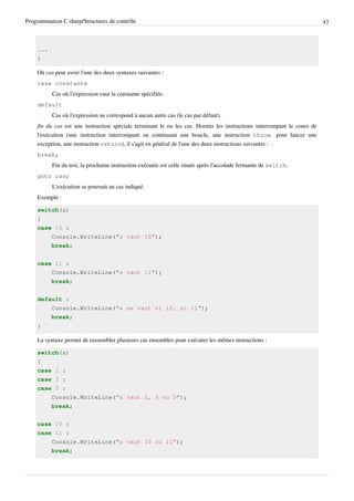 Programmation C sharp/Structures de contrôle 43
...
}
Où cas peut avoir l'une des deux syntaxes suivantes :
case constante
Cas où l'expression vaut la constante spécifiée.
default
Cas où l'expression ne correspond à aucun autre cas (le cas par défaut).
fin du cas est une instruction spéciale terminant le ou les cas. Hormis les instructions interrompant le cours de
l'exécution (une instruction interrompant ou continuant une boucle, une instruction throw pour lancer une
exception, une instruction return), il s'agit en général de l'une des deux instructions suivantes :
break;
Fin du test, la prochaine instruction exécutée est celle située après l'accolade fermante de switch.
goto cas;
L'exécution se poursuit au cas indiqué.
Exemple :
switch(a)
{
case 10 :
Console.WriteLine("a vaut 10");
break;
case 11 :
Console.WriteLine("a vaut 11");
break;
default :
Console.WriteLine("a ne vaut ni 10, ni 11");
break;
}
La syntaxe permet de rassembler plusieurs cas ensembles pour exécuter les mêmes instructions :
switch(a)
{
case 2 :
case 3 :
case 5 :
Console.WriteLine("a vaut 2, 3 ou 5");
break;
case 10 :
case 11 :
Console.WriteLine("a vaut 10 ou 11");
break;
 