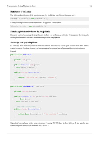 Programmation C sharp/Héritage de classes 50
Référence d'instance
Une référence à une instance de la sous-classe peut être stockée par une référence du même type :
Automobile voiture = new Automobile();
Il est également possible d'utiliser une référence du type de la classe de base :
Vehicule voiture = new Automobile();
Surcharge de méthodes et de propriétés
Dans cette section, la surcharge de propriétés est similaire à la surcharge de méthodes. Ce paragraphe discutera de la
surcharge de méthodes, mais tout ceci s'applique également aux propriétés.
Surcharge sans polymorphisme
La surcharge d'une méthode consiste à créer une méthode dans une sous-classe ayant le même nom et les mêmes
types d'arguments (la même signature) qu'une méthode de la classe de base, afin de modifier son comportement.
Exemple :
public class Vehicule
{
private int poids;
public Vehicule(int poids)
{ this.poids = poids; }
public string Description()
{
return "Véhicule de "+poids+" tonnes";
}
}
public class Automobile : Vehicule
{
private string couleur;
public Automobile(int poids,string couleur)
: base(poids)
{ this.couleur = couleur; }
// méthode surchargée
public string Description()
{
return base.Description()+" de couleur "+couleur;
}
}
Cependant, le compilateur génère un avertissement (warning CS0108) dans la classe dérivée. Il faut spécifier que
l'on surcharge une méthode, en utilisant le mot clé new :
 