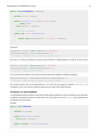 Programmation C sharp/Héritage de classes 51
public class Automobile : Vehicule
{
private string couleur;
public Automobile(int poids,string couleur)
: base(poids)
{ this.couleur = couleur; }
// méthode surchargée
public new string Description()
{
return base.Description()+" de couleur "+couleur;
}
}
Utilisation :
Automobile voiture = new Automobile(3, "rouge");
Console.WriteLine( voiture.Description() );
// affiche : Véhicule de 3 tonnes de couleur rouge
Par contre, si on utilise une référence à la classe de base Vehicule, la méthode appelée sera celle de la classe de base
:
Vehicule vehicule = new Automobile(3, "rouge");
Console.WriteLine( vehicule.Description() );
// affiche : Véhicule de 3 tonnes
Une conversion de la référence vers la classe réelle de l'objet permet d'appeler la méthode surchargée :
Console.WriteLine( ((Automobile)vehicule).Description() );
// affiche : Véhicule de 3 tonnes de couleur rouge
Cet exemple n'utilise donc pas le polymorphisme, c'est à dire que pour appeler la méthode Description, le
compilateur se base sur le type de la référence plutôt que sur le type réel de l'objet référencé.
Surcharge avec polymorphisme
Le polymorphisme permet d'utiliser le type réel de l'objet référencé plutôt que le type de la référence pour déterminer
la méthode, la propriété ou l'indexeur à utiliser. Pour cela, il faut utiliser le mot clé virtual dans la déclaration de
la méthode de la classe de base.
Exemple :
public class Vehicule
{
private int poids;
public Vehicule(int poids)
{ this.poids = poids; }
public virtual string Description()
{
 