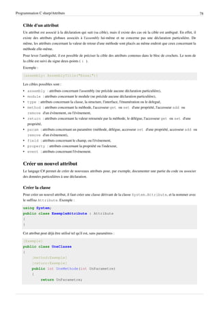 Programmation C sharp/Attributs 78
Cible d'un attribut
Un attribut est associé à la déclaration qui suit (sa cible), mais il existe des cas où la cible est ambiguë. En effet, il
existe des attributs globaux associés à l'assembly lui-même et ne concerne pas une déclaration particulière. De
même, les attributs concernant la valeur de retour d'une méthode sont placés au même endroit que ceux concernant la
méthode elle-même.
Pour lever l'ambiguïté, il est possible de préciser la cible des attributs contenus dans le bloc de crochets. Le nom de
la cible est suivi du signe deux-points ( : ).
Exemple :
[assembly: AssemblyTitle("Essai")]
Les cibles possibles sont :
• assembly : attributs concernant l'assembly (ne précède aucune déclaration particulière),
• module : attributs concernant le module (ne précède aucune déclaration particulière),
• type : attributs concernant la classe, la structure, l'interface, l'énumération ou le delegué,
• method : attributs concernant la méthode, l'accesseur get ou set d'une propriété, l'accesseur add ou
remove d'un évènement, ou l'évènement,
• return : attributs concernant la valeur retournée par la méthode, le délégue, l'accesseur get ou set d'une
propriété,
• param : attributs concernant un paramètre (méthode, délégue, accesseur set d'une propriété, accesseur add ou
remove d'un évènement),
• field : attributs concernant le champ, ou l'évènement,
• property : attributs concernant la propriété ou l'indexeur,
• event : attributs concernant l'évènement.
Créer un nouvel attribut
Le langage C# permet de créer de nouveaux attributs pour, par exemple, documenter une partie du code ou associer
des données particulières à une déclaration.
Créer la classe
Pour créer un nouvel attribut, il faut créer une classe dérivant de la classe System.Attribute, et la nommer avec
le suffixe Attribute. Exemple :
using System;
public class ExempleAttribute : Attribute
{
}
Cet attribut peut déjà être utilisé tel qu'il est, sans paramètres :
[Exemple]
public class UneClasse
{
[method:Exemple]
[return:Exemple]
public int UneMethode(int UnParametre)
{
return UnParametre;
 