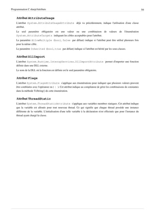Programmation C sharp/Attributs 84
Attribut AttributeUsage
L'attribut System.AttributeUsageAttribute déjà vu précédemment, indique l'utilisation d'une classe
attribut.
Le seul paramètre obligatoire est une valeur ou une combinaison de valeurs de l'énumération
System.AttributeTargets indiquant les cibles acceptables pour l'attribut.
Le paramètre AllowMultiple (bool, false par défaut) indique si l'attribut peut être utilisé plusieurs fois
pour la même cible.
Le paramètre Inherited (bool, true par défaut) indique si l'attribut est hérité par les sous-classes.
Attribut DllImport
L'attribut System.Runtime.InteropServices.DllImportAttribute permet d'importer une fonction
définie dans une DLL externe.
Le nom de la DLL où la fonction est définie est le seul paramètre obligatoire.
Attribut Flags
L'attribut System.FlagsAttribute s'applique aux énumérations pour indiquer que plusieurs valeurs peuvent
être combinées avec l'opérateur ou ( | ). Cet attribut indique au compilateur de gérer les combinaisons de constantes
dans la méthode ToString() de cette énumération.
Attribut ThreadStatic
L'attribut System.ThreadStaticAttribute s'applique aux variables membres statiques. Cet attribut indique
que la variable est allouée pour tout nouveau thread. Ce qui signifie que chaque thread possède une instance
différente de la variable. L'initialisation d'une telle variable à la déclaration n'est effectuée que pour l'instance du
thread ayant chargé la classe.
 