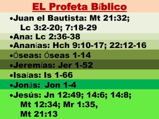 EL Profeta Bíblico
Ana: Lc 2:36-38
Juan el Bautista: Mt 21:32;
Lc 3:2-20; 7:18-29
Ananías: Hch 9:10-17; 22:12-16
Óseas: Óseas 1-14
Jeremías: Jer 1-52
Isaías: Is 1-66
Jonás: Jon 1-4
Jesús: Jn 12:49; 14:6; 14:8;
Mt 12:34; Mr 1:35,
Mt 21:13
 