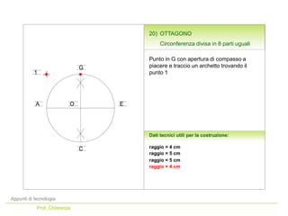Appunti di tecnologia
Prof. Chiarenza
Dati tecnici utili per la costruzione:
Punto in G con apertura di compasso a
piacere e traccio un archetto trovando il
punto 1
raggio = 4 cm
A
C
EO
raggio = 5 cm
raggio = 5 cm
G
20) OTTAGONO
Circonferenza divisa in 8 parti uguali
raggio = 4 cm
1
 