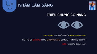 KHÁM LÂM SÀNG
TRIỆU CHỨNG CƠ NĂNG
ĐAU BỤNG 2 BÊN HÔNG RỒI LAN RA SAU LƯNG
CÓ THỂ CÓ ĐÁI MÁU HOẶC CHOÁNG VÁNG DO MÁU TRÀN VÀO Ổ BỤNG
SỐC NẾU MÁU CHẢY Ồ ẠT
 