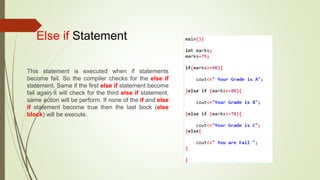 Else if Statement
This statement is executed when if statements
become fail. So the compiler checks for the else if
statement. Same if the first else if statement become
fail again it will check for the third else if statement,
same action will be perform. If none of the if and else
if statement become true then the last bock (else
block) will be execute.
 