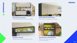 DIFERENCIAIS
18
ESTILO POP ART E CRIATIVO
A combinação perfeita de cores, textura e materiais.
Cristaleira com portas de vidro para facilitar o dia a dia.
MODERNA E ELEGANTE
Portas superiores com detalhes em alto-relevo.
AGREGADORA EM CADA DETALHE
Opção de nicho criativo para decorar
ou colocar condimentos.
ORGANIZAÇÃO E FUNCIONALIDADE
 