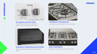 DIFERENCIAIS
SEU ALIMENTO NO PONTO CERTO
Os botões têm sinalização de posição para
melhor controle e acendimento das chamas.
Porta de vidro temperado duplo para melhor isolamento
térmico.
SEGURANÇA E TEMPERATURA IDEAL NO FORNO
Queimadores de metal resistentes e fáceis de limpar.
RESISTÊNCIA E FUNCIONALIDADE
43
Mesa de aço Inox brilhante, resistente a corrosão.
BELEZA E RESISTÊNCIA
 