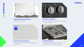 DIFERENCIAIS
MAIOR RESISTÊNCIA A IMPACTOS
Tampa de vidro temperado.
Pintura eletrostática a pó, que dá brilho e protege o produto
contra ferrugem.
PROTEÇÃO PARA DURAR MAIS
Os botões do fogão saem facilmente para uma limpeza
mais profunda e eficaz.
FACILIDADE NA LIMPEZA
44
Trempes esmaltadas resistentes, com laterais
arredondadas que evitam acúmulo de sujeira.
DESIGN INTELIGENTE
NANO
C E R Â M I C A
 